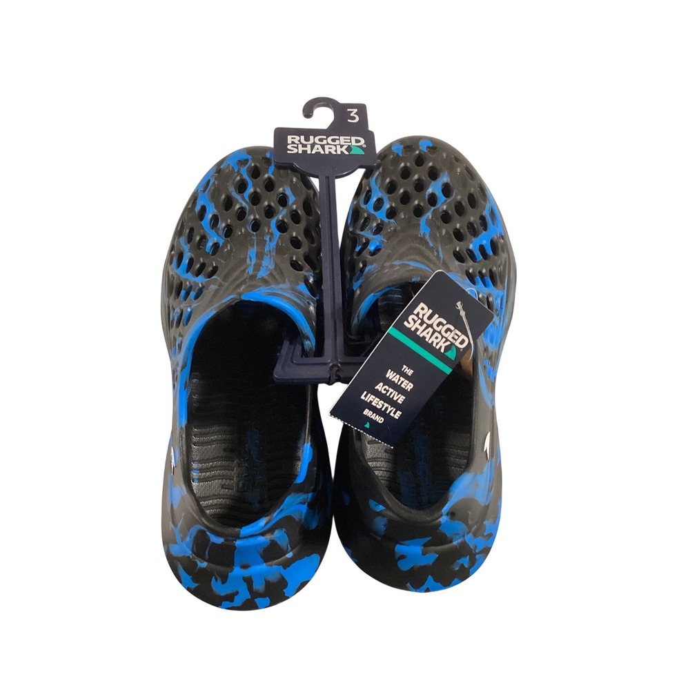 Rugged Shark Kids Water Shoes Black Blue Marble Perforated Slip On Clogs‎ Size 3